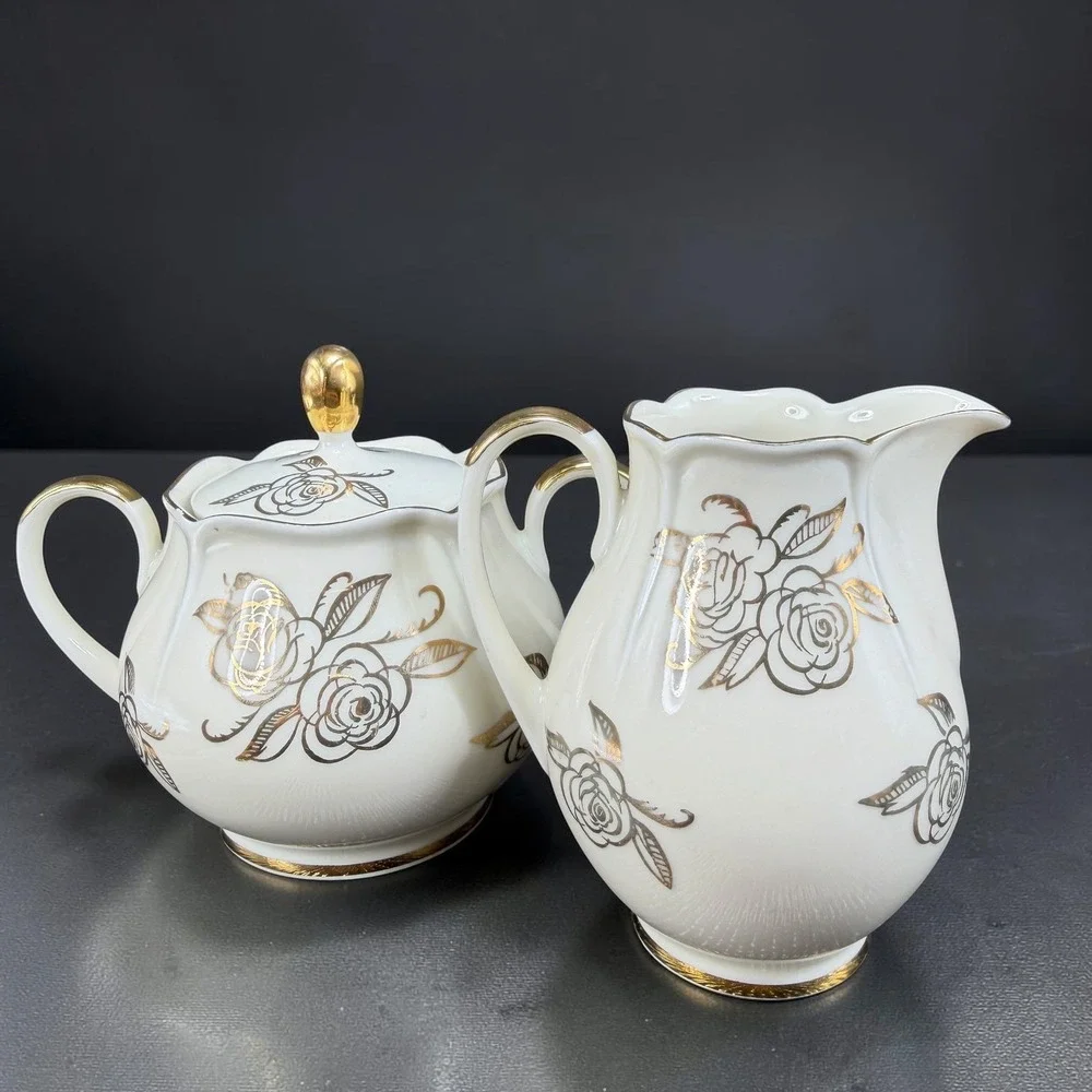Bavaria Porcelain Sugar Bowl and Creamer Set Gold Rose Gilded Cream Vintage